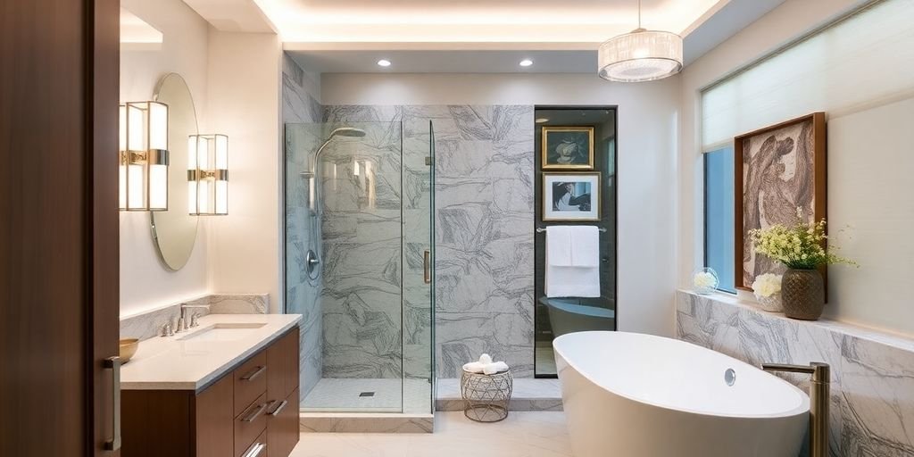 Elegant custom bathroom remodel with modern fixtures and decor.