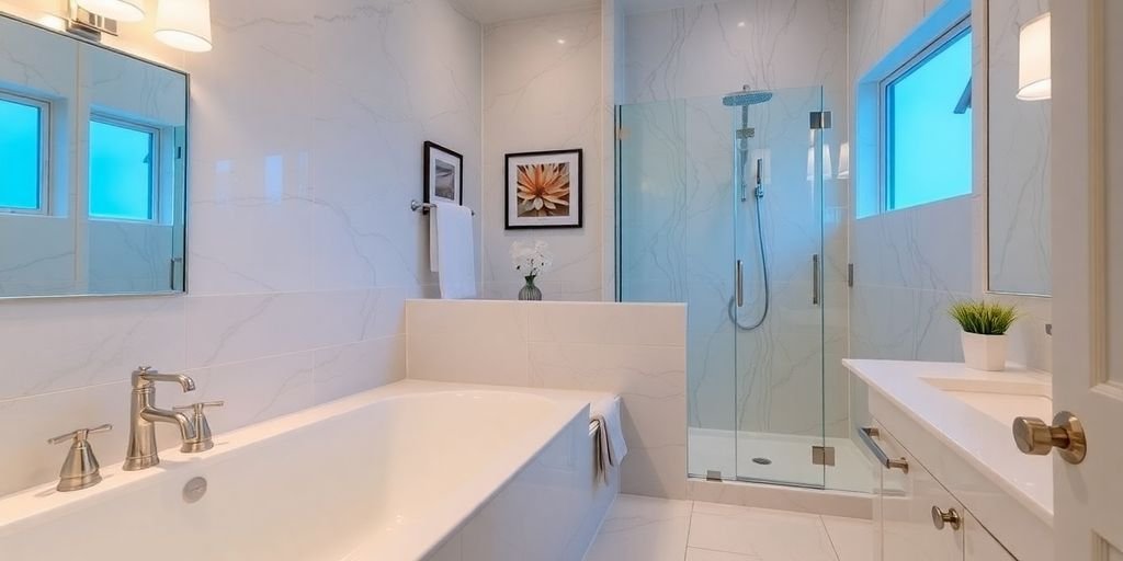 Modern bathroom with elegant fixtures and stylish decor.