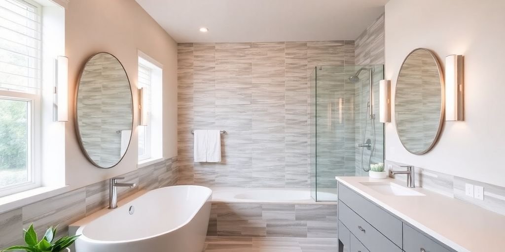 Modern bathroom with sleek fixtures and elegant design.