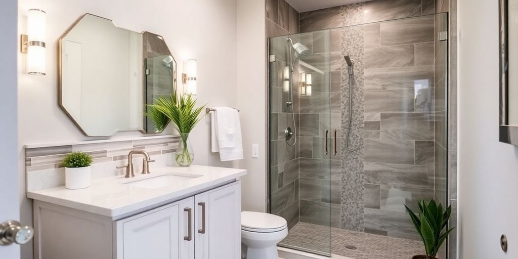 Modern remodeled bathroom with stylish fixtures and decor.