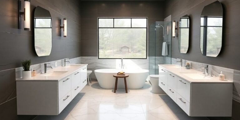 Modern bathroom design with sleek fixtures and elegant tiles.