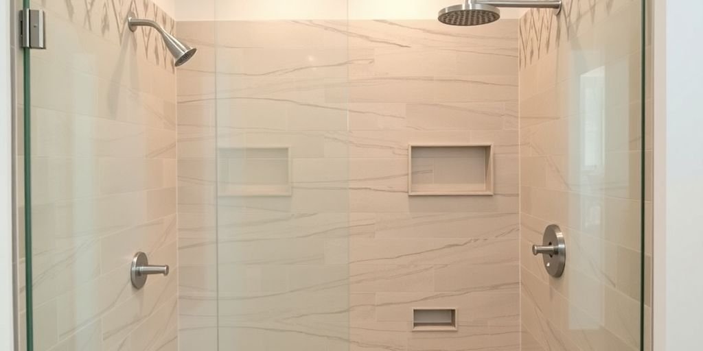 Stunning remodeled shower with modern fixtures and tiles.