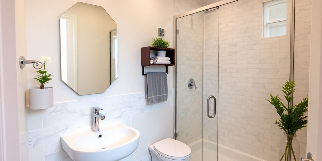 Modern small bathroom with stylish fixtures and decor.