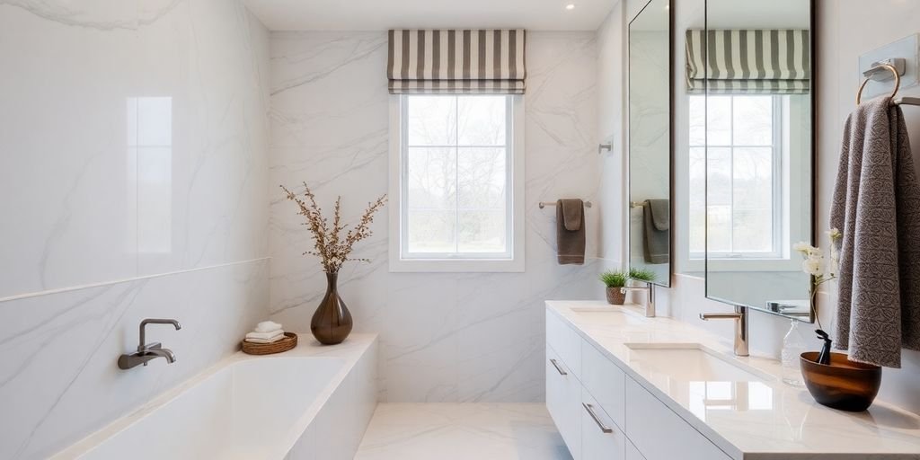 Modern remodeled bathroom with stylish fixtures and decor.