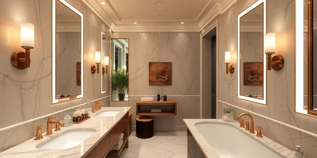 Luxurious bathroom with marble countertops and elegant fixtures.