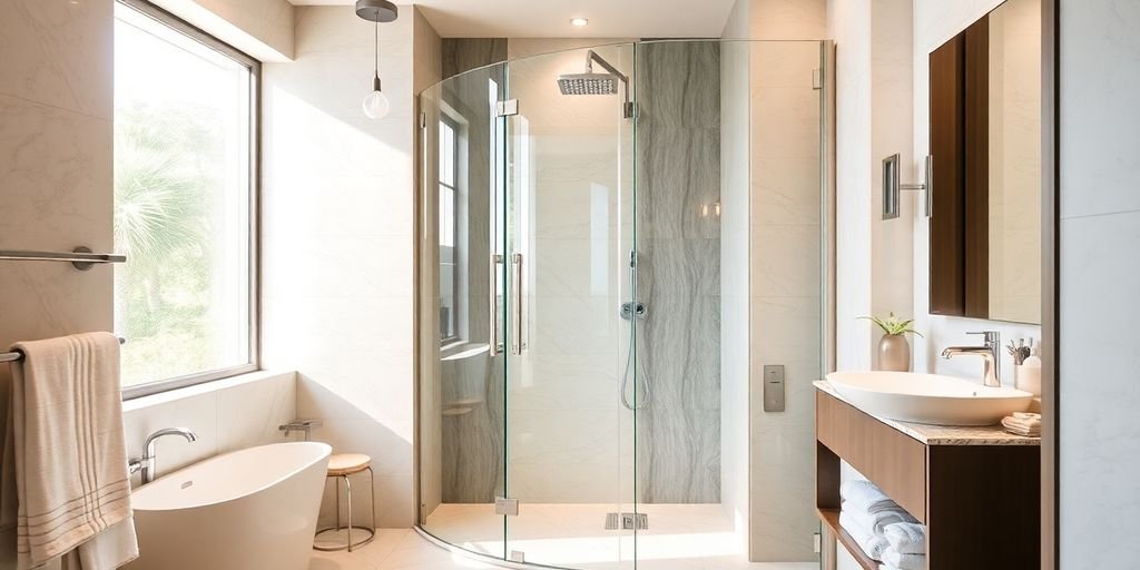 Modern walk-in shower in a beautifully designed bathroom.