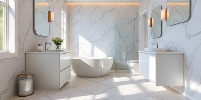 Stylish bathroom with modern flooring and elegant fixtures.